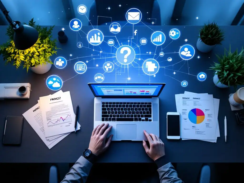 Laptop met kleurrijk projectmanagement dashboard en PRINCE2 diagrammen op modern kantoorbureau van bovenaf gezien