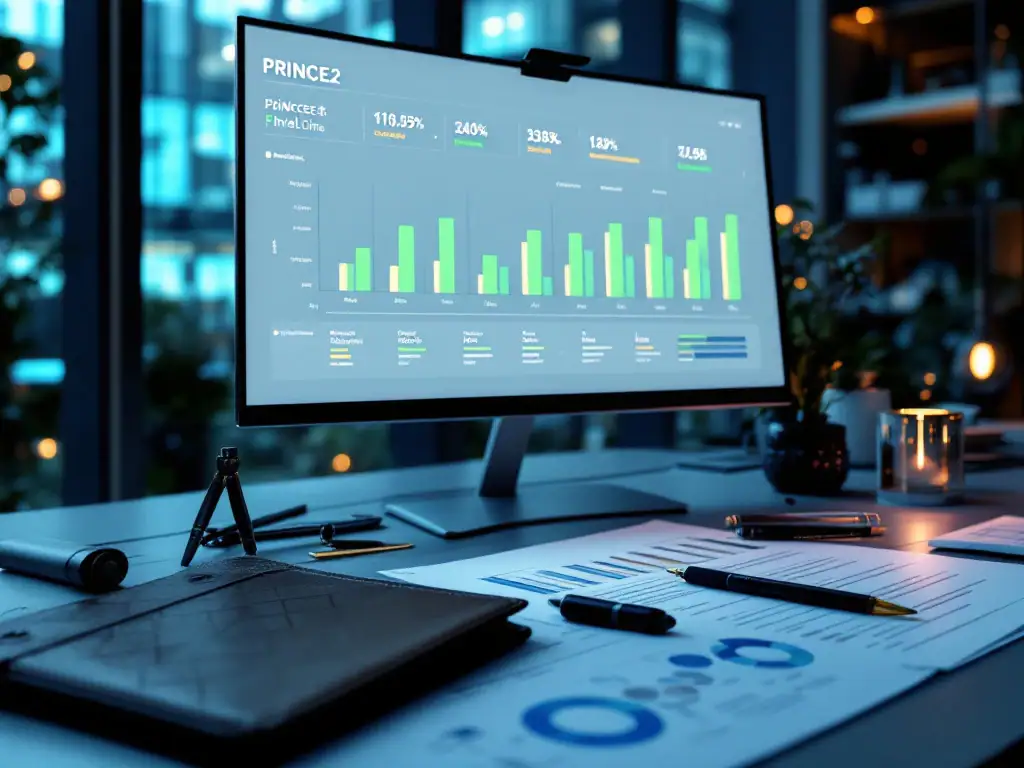 Modern PRINCE2-projectdashboard met groene voortgangsindicatoren op monitor in professionele werkruimte met projectdocumenten en uitzicht op kantoorgebouw