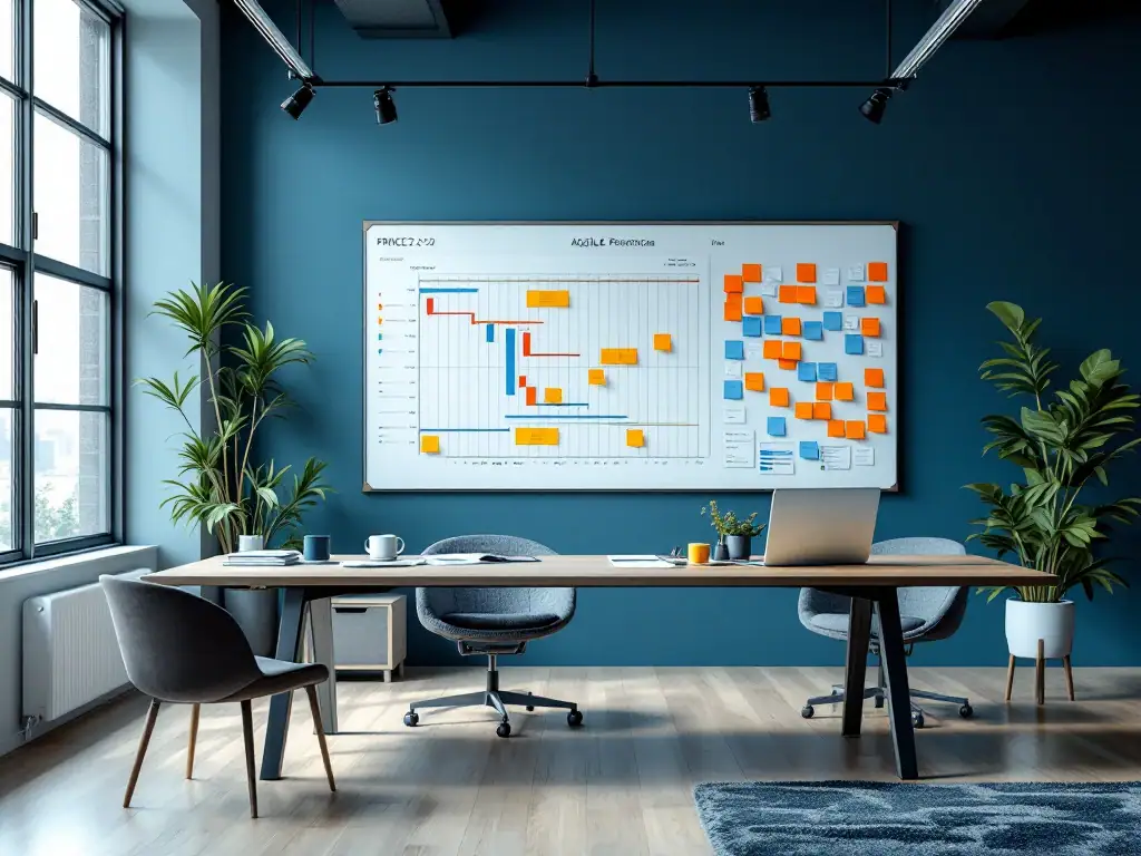 Projectruimte die traditioneel en agile projectmanagement visualiseert, met Gantt-diagram, PRINCE2-documenten en Scrum-bord met kleurrijke post-its.