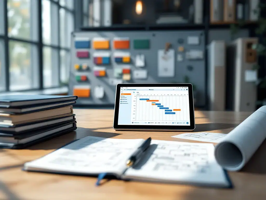 Professioneel projectmanagementbureau met planbord, Gantt-grafiek op tablet, geordende mappen, blauwdruk en notitieblok in rustige professionele kleuren.
