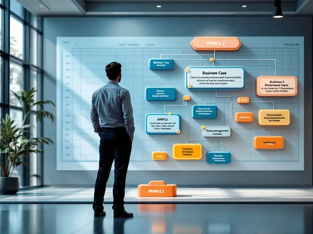 Projectmanager bij 3D-visualisatie van PRINCE2-componenten met zwevende organisatiepuzzel, uitdagende Business Case en Risicomanagement elementen op kantoor.