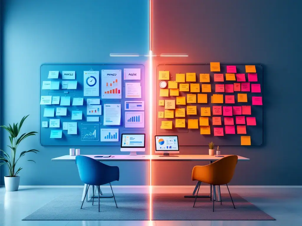 3D-visualisatie waarin gestructureerde PRINCE2-methodiek en flexibele Agile-aanpak samenkomen, verbonden door lichtstralen die misverstanden oplossen, in Lagant huisstijlkleuren.