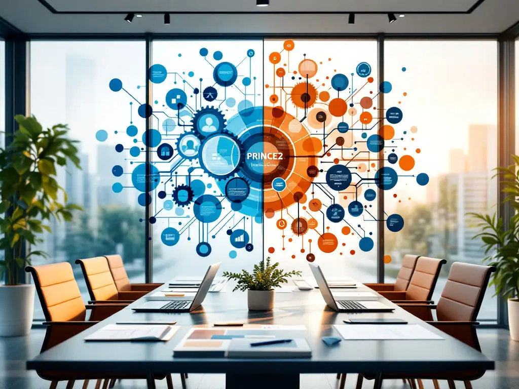 PRINCE2 en Agile projectmanagement die samensmelten: structurele blauwdrukken en dynamische cirkels in blauwtinten met oranje accenten.