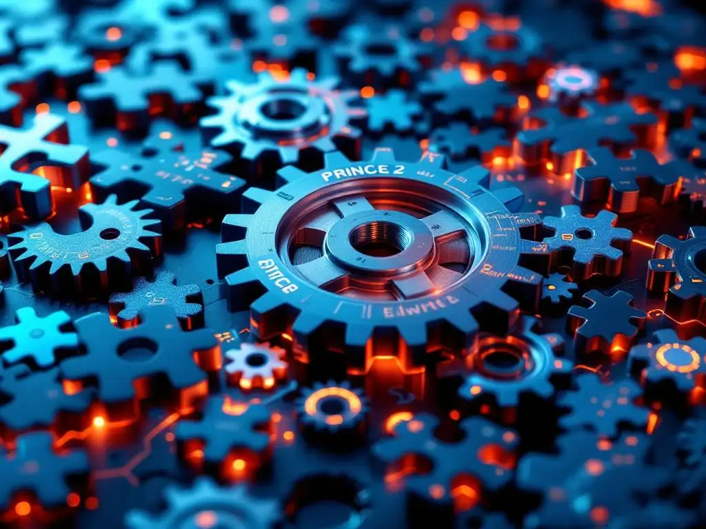 Metalen tandwielen en puzzelstukjes in blauw en zilver met oranje verlichting, agile kaarten en lean workflow pijlen