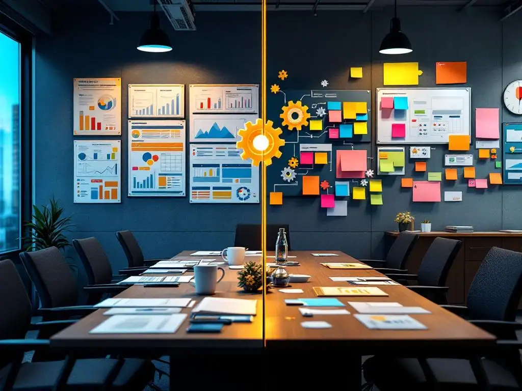 Vergelijking van PRINCE2 gestructureerde boardroom met agile Kanban workspace, gescheiden door verbonden tandwielen