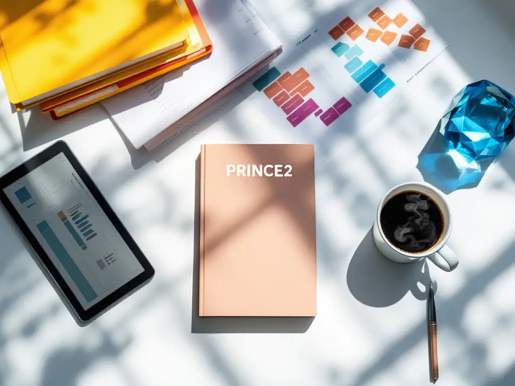 PRINCE2 handleiding op een minimalistisch bureau met projectmanagement hulpmiddelen, tablet met Gantt-grafiek, gekleurde mappen en tijdlijn in professionele werksfeer.