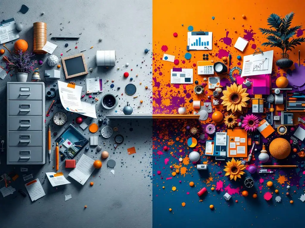 Split-screen vergelijking van traditionele PRINCE2 projectmanagement versus creatieve aanpak met verbindende brug