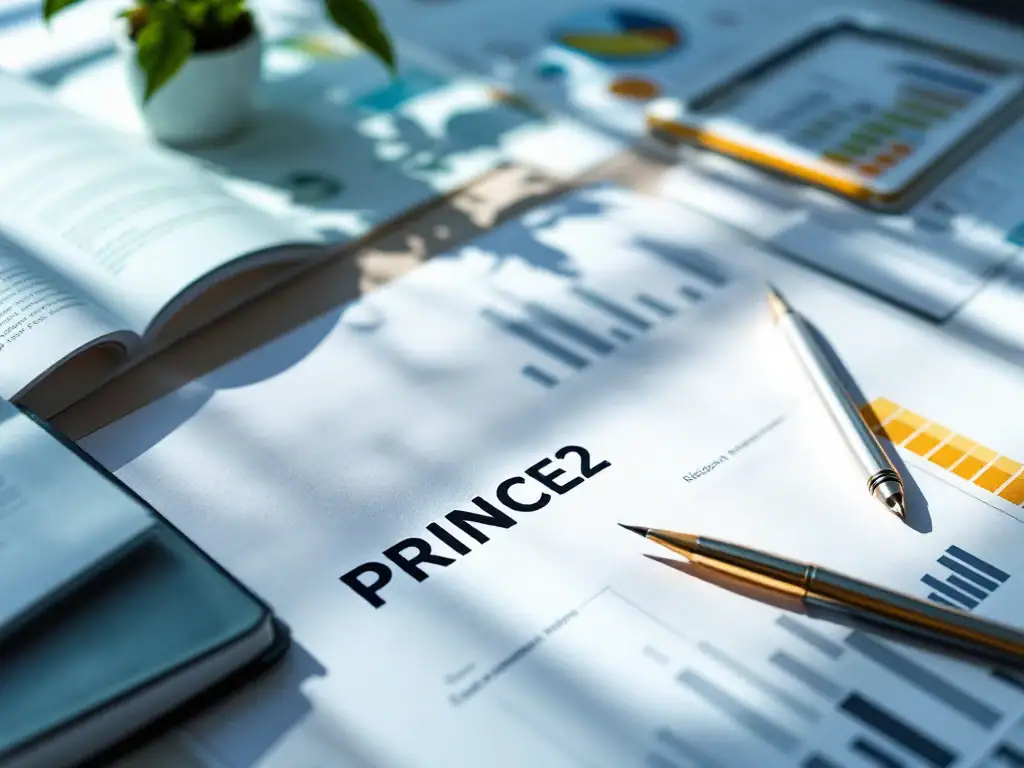 Professioneel bureau met centraal PRINCE2 projectdocument, omringd door Gantt-chart, risicoregister en stakeholder-matrix. Elegante vulpen ligt diagonaal over geordende projectdocumenten.