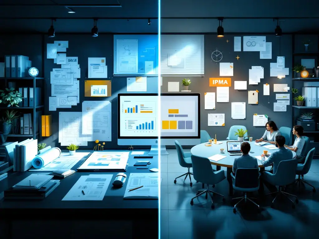 Vergelijking tussen PRINCE2-werkruimte (gestructureerd met blauwdrukken) en IPMA-omgeving (collaboratief met competentiecertificaten).
