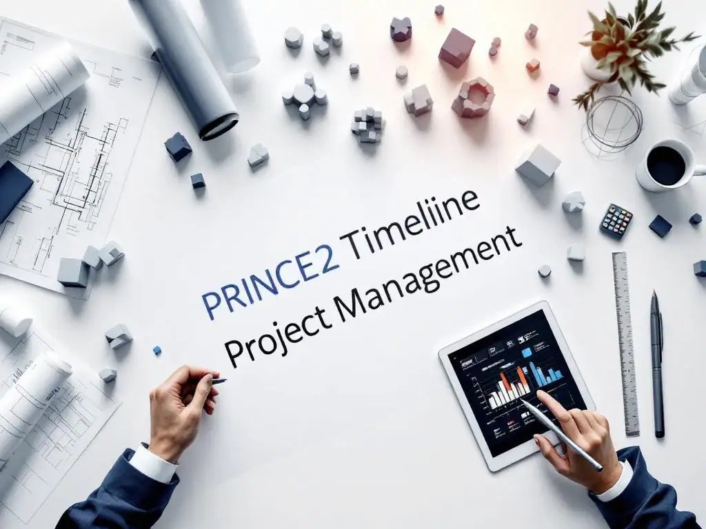 Bovenaanzicht modern kantoorbureau met blauwdrukken, projecttijdlijnen, PRINCE2 diagrammen en projectmanagement tools