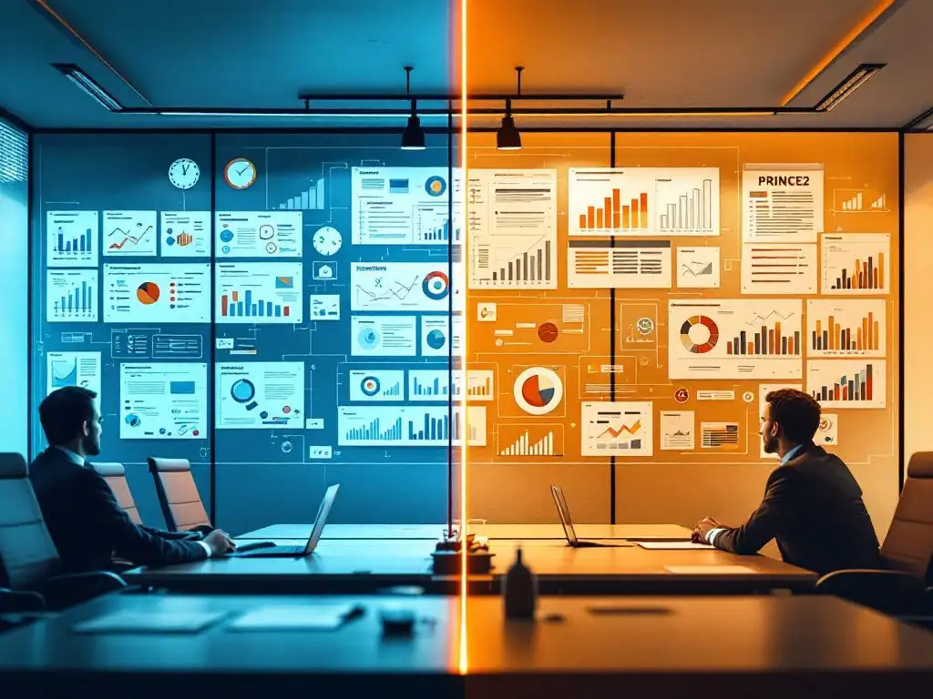 Split-screen vergelijking van PRINCE2 boardroom met gestructureerde charts links en Lean Six Sigma werkruimte met workflows rechts
