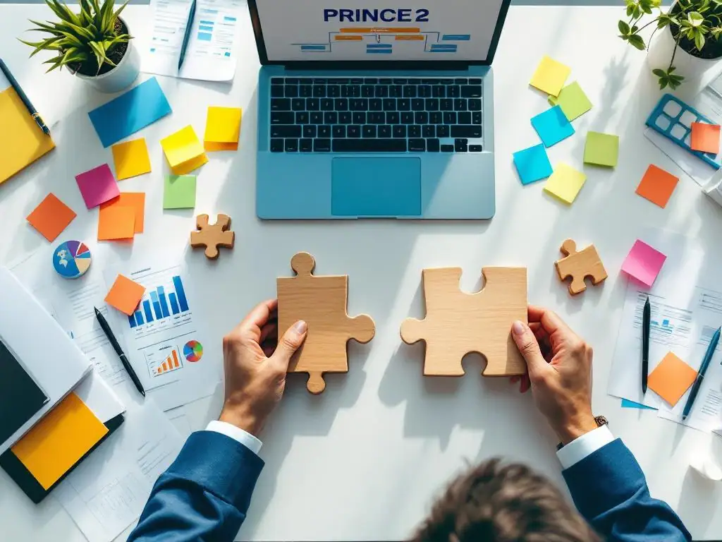 Professionele handen plaatsen laatste puzzelstuk op bureau met PRINCE2 projectmanagement documenten en laptop