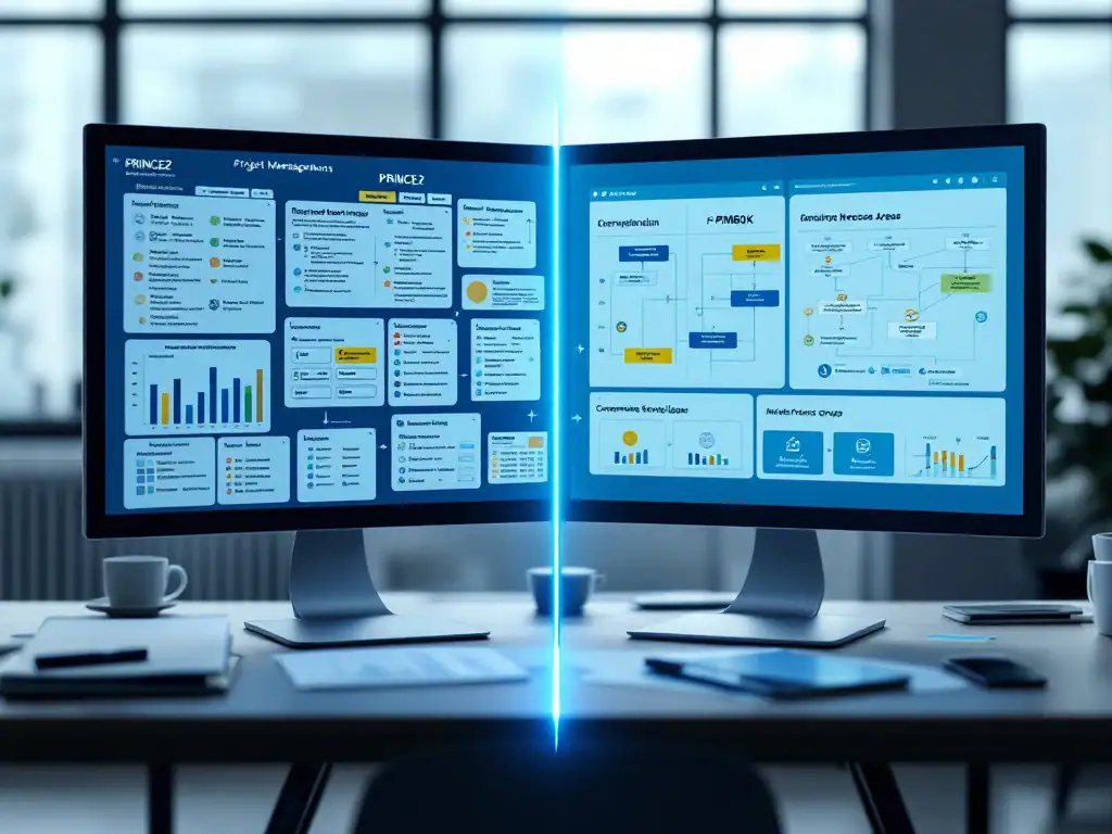 Vergelijking van PRINCE2 en PMBOK projectmanagementmethoden in een professionele kantooromgeving met gestructureerde documenten en digitale dashboards.