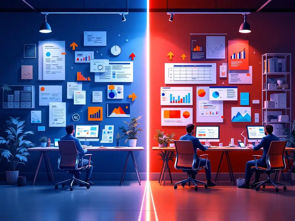 Gesplitst scherm toont traditioneel kantoor met blauwe tonen links en agile werkruimte met oranje accenten rechts