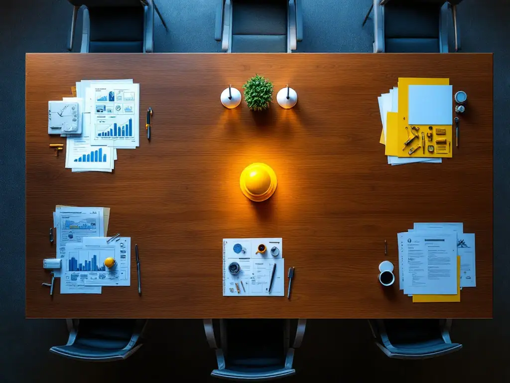 Conferentietafel met vijf secties die projectfasen tonen, van blauwdrukken en planning tot constructie, testen en voltooide documentatie met kleurovergang van blauw naar amber.