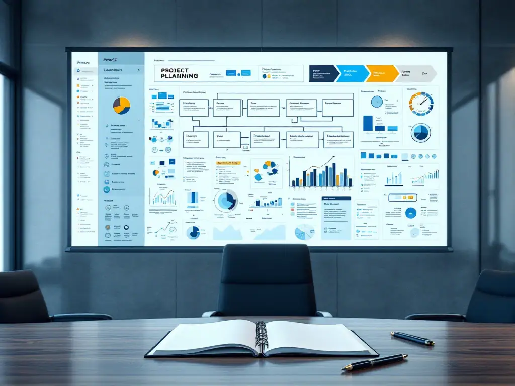 Professionele vergaderruimte met PRINCE2-procesmodellen op glazen wand, opengeslagen notitieboek en subtiele vaardigheidssymbolen in blauwtinten.