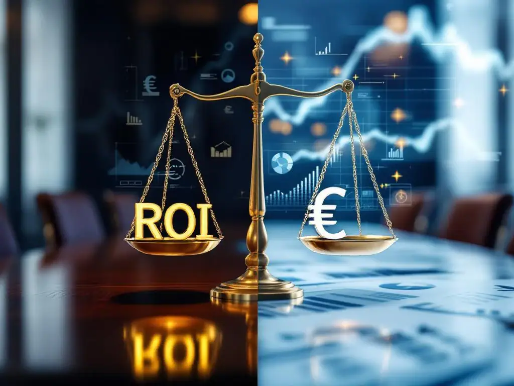 Bedrijfsbestuurskamer met financiële calculator die ROI-berekeningen toont, gouden weegschaal met euro-symbolen en PRINCE2-diagram