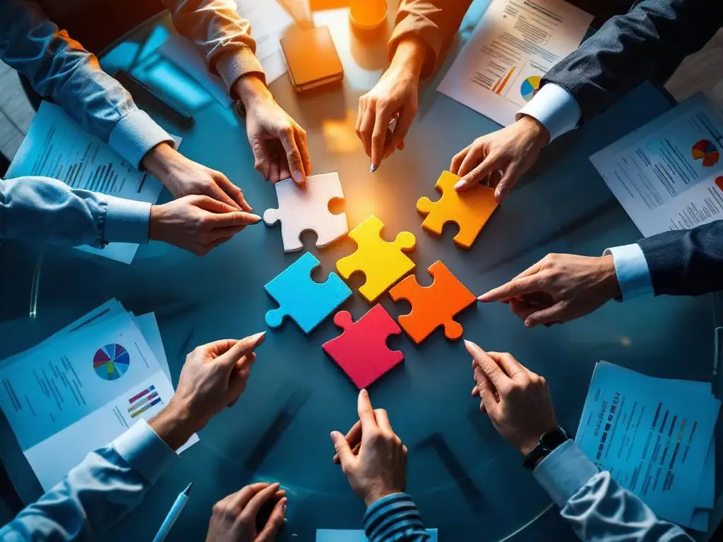 Handen die gekleurde puzzelstukjes verbinden boven conferentietafel met PRINCE2 projectdocumenten voor stakeholder samenwerking